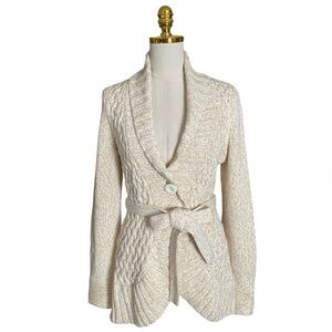 DKNY JEANS Chunky Cable-Knit Shawl Collar One Button Belted Fisherman Cardigan L